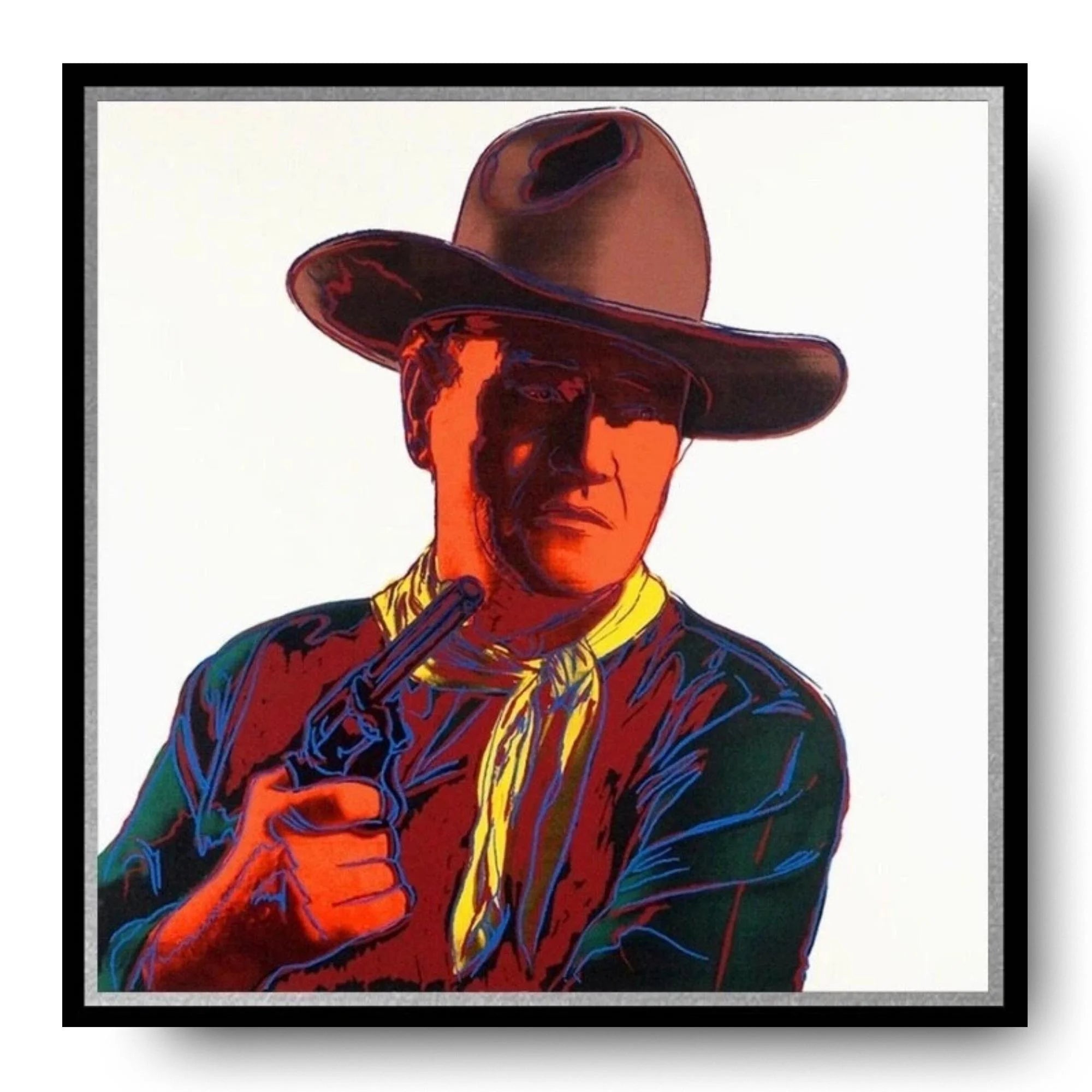 Framed artwork of a stylized John Wayne cowboy holding a gun with a colorful, abstract design.
